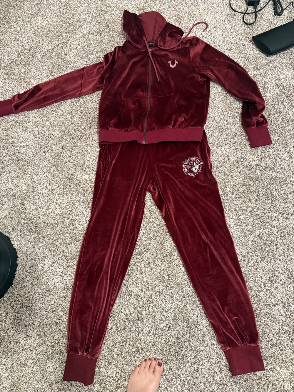 True Religion woman’s Maroon Velour Zip Hoodie & Jogger Set